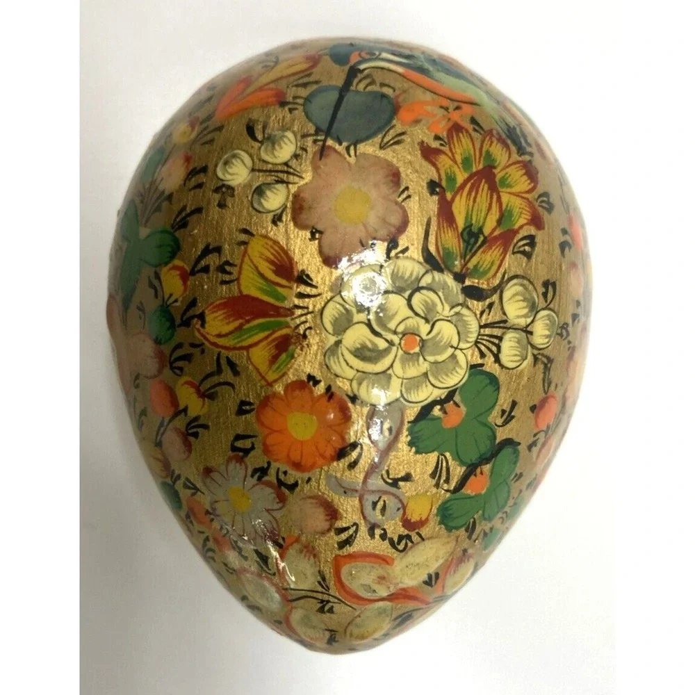 Vintage Hand Painted Lacquer Trinket Box‎ Gold Metallic Floral Egg Shape Easter
